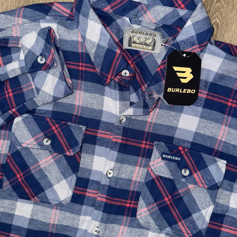 NWT Burlebo Long Sleeve Flannel Button Up Men's 2XL Red Blue Plaid Stretch‎